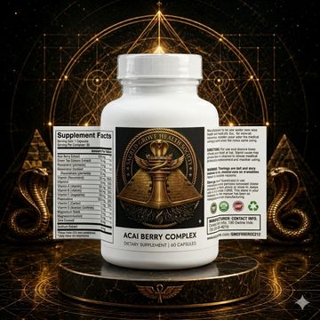 Bottle of Acai Berry Complex dietary supplement with mystical golden design background.