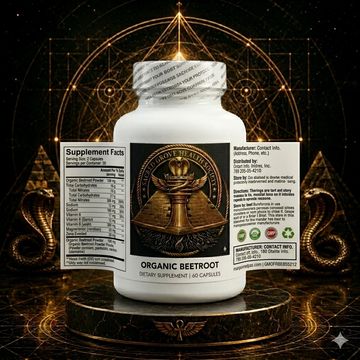 A bottle of organic beetroot dietary supplement with mystical golden chess-themed design.