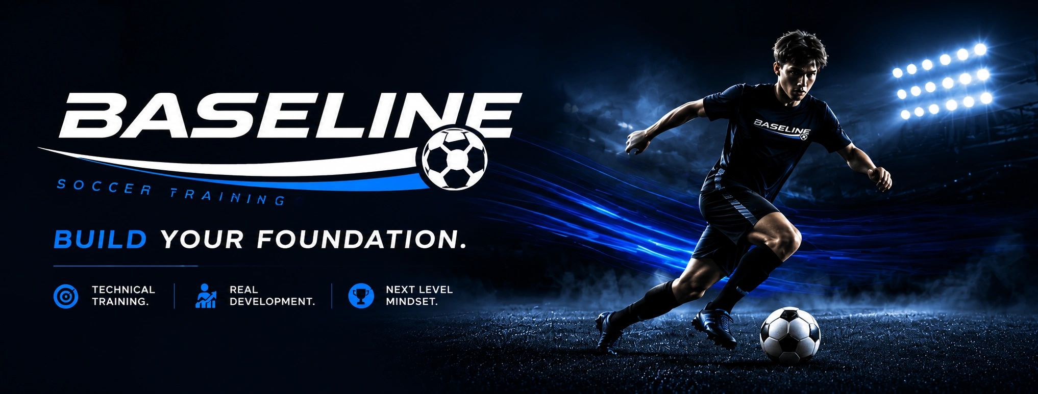 Soccer player training with Baseline Soccer Training program under bright stadium lights.