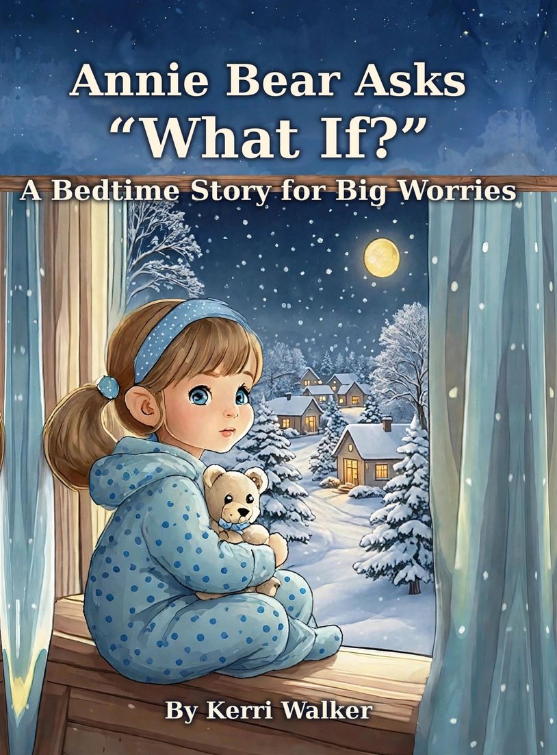 A girl in pajamas holding a teddy bear by a snowy window.