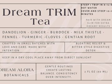 Label for Dream TRIM Tea with herbal ingredients and brewing instructions.