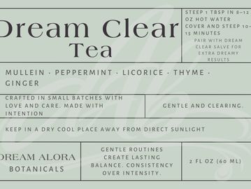 Dream Clear Tea ingredients and brewing instructions on a soft green label.