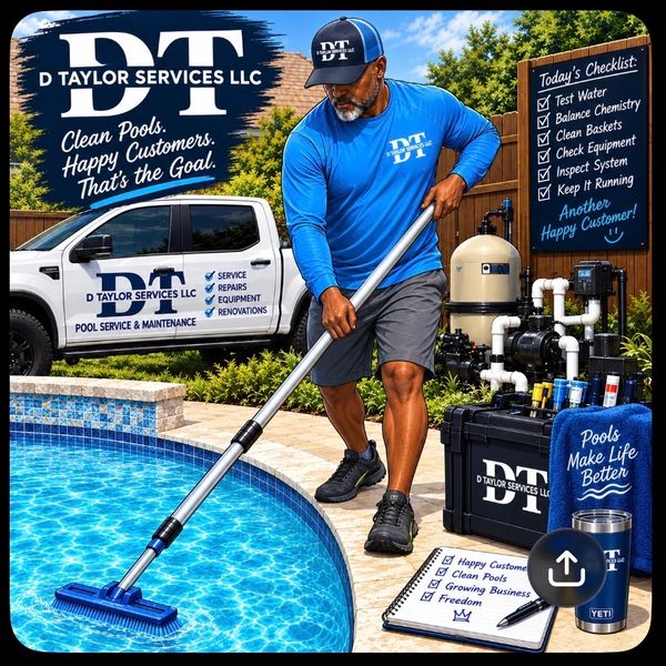 Man cleaning pool with D Taylor Services branding.