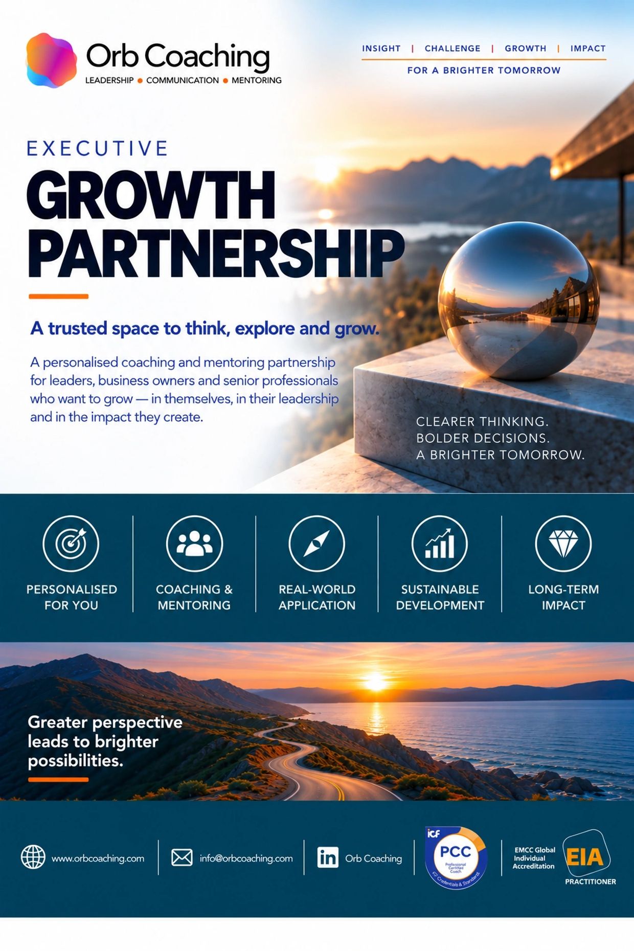 ORB Executive Growth Partnership brochure introducing a personalised coaching and mentoring partners