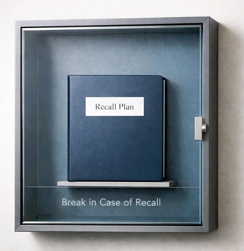 A recall plan binder in a glass case labeled for emergency use.