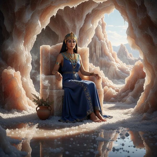 Regal woman in ancient attire seated in a glowing cave throne room.