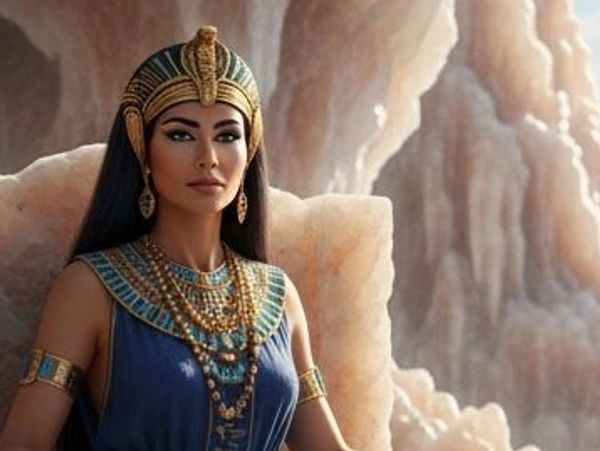 A regal woman dressed as an ancient Egyptian queen with elaborate jewelry and headdress.