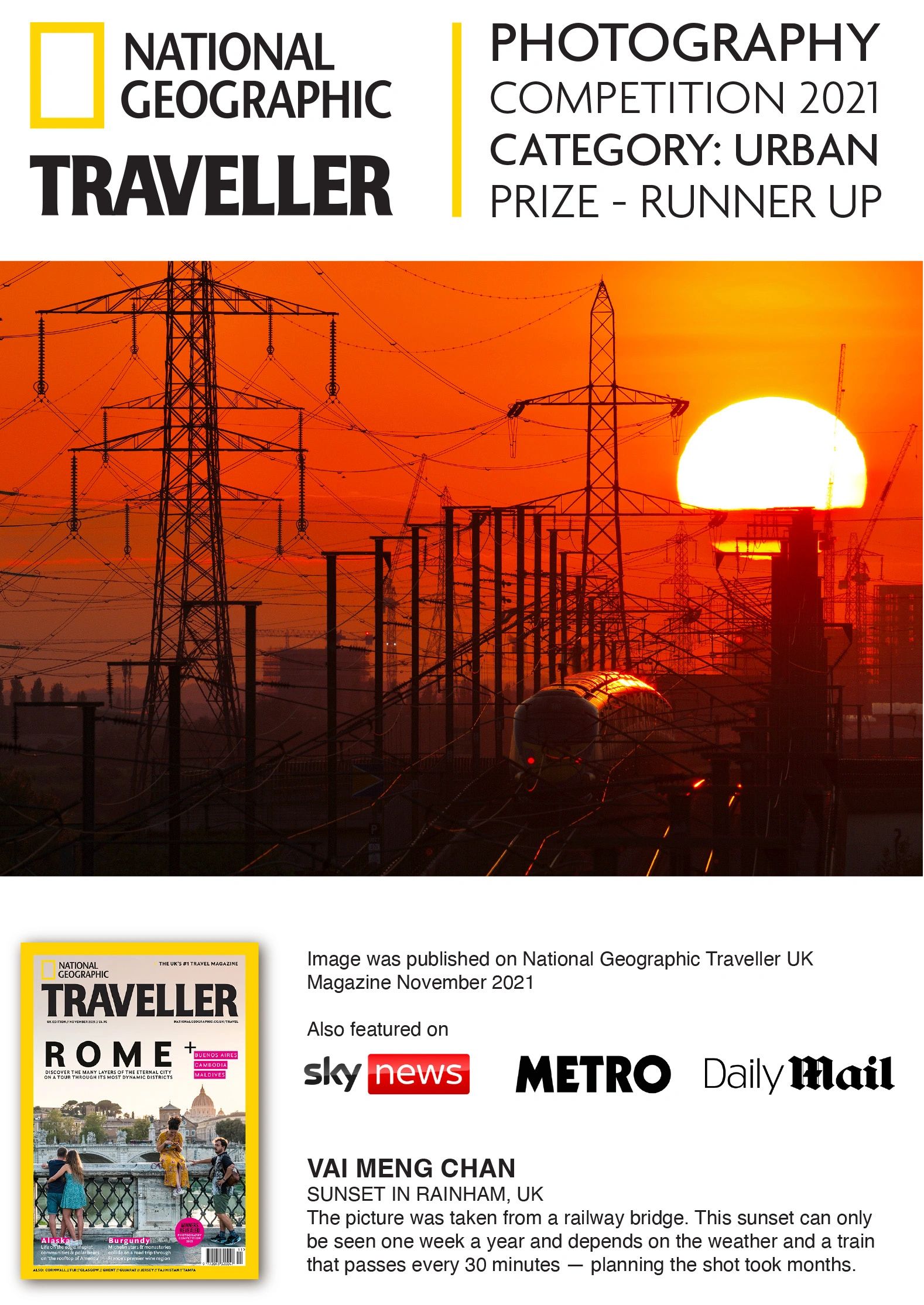 Sunset over railway lines and power pylons in Rainham, UK.
