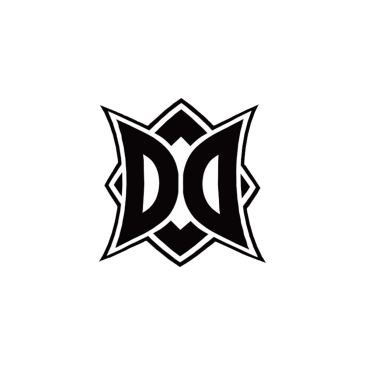 Black and white symmetrical logo with bold letters.