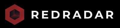 Logo of REDRADAR with a red hexagonal icon and bold white text on black.