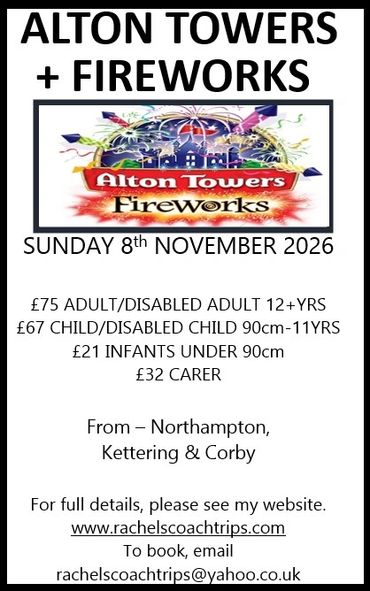 Advertisement for Alton Towers Fireworks event on 8th November 2026 with ticket prices and booking info.