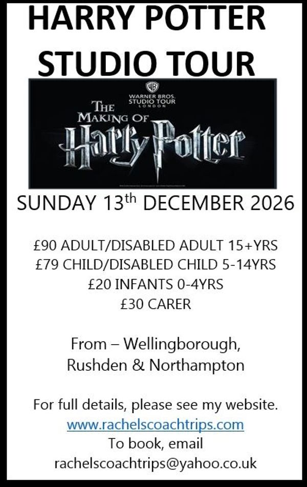 Announcement for Harry Potter Studio Tour on December 13, 2026, with ticket prices and booking info.