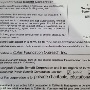 Coles Foundation Outreach Inc., Articles of Incorporation.