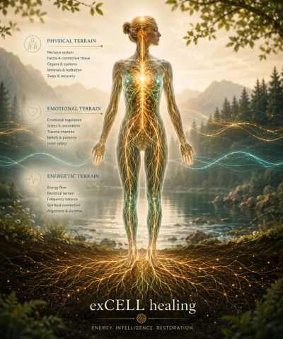 Illustration of a human figure with glowing energy pathways, representing healing in physical, emotional, and energetic terrains.