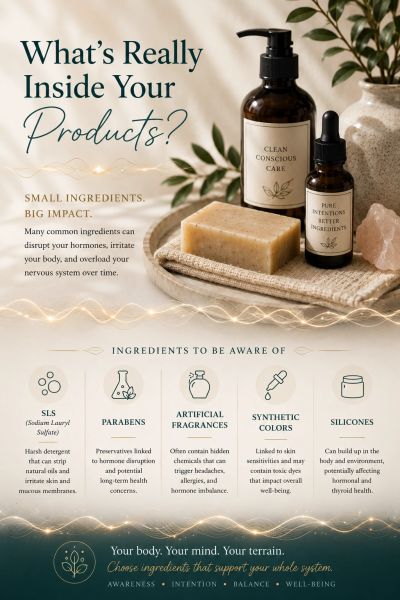 Informative infographic about harmful ingredients in personal care products and their effects.