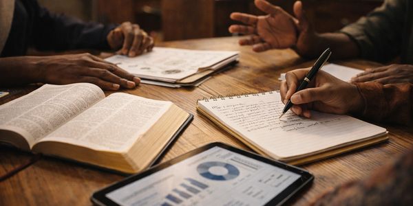People collaborating with books, notes, and digital charts on a wooden table.
