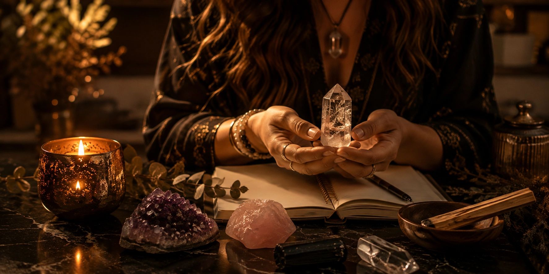 Mujer sosteniendo un cuarzo cristal junto a una vela encendida, amatista, cuarzo rosa y un cuaderno.