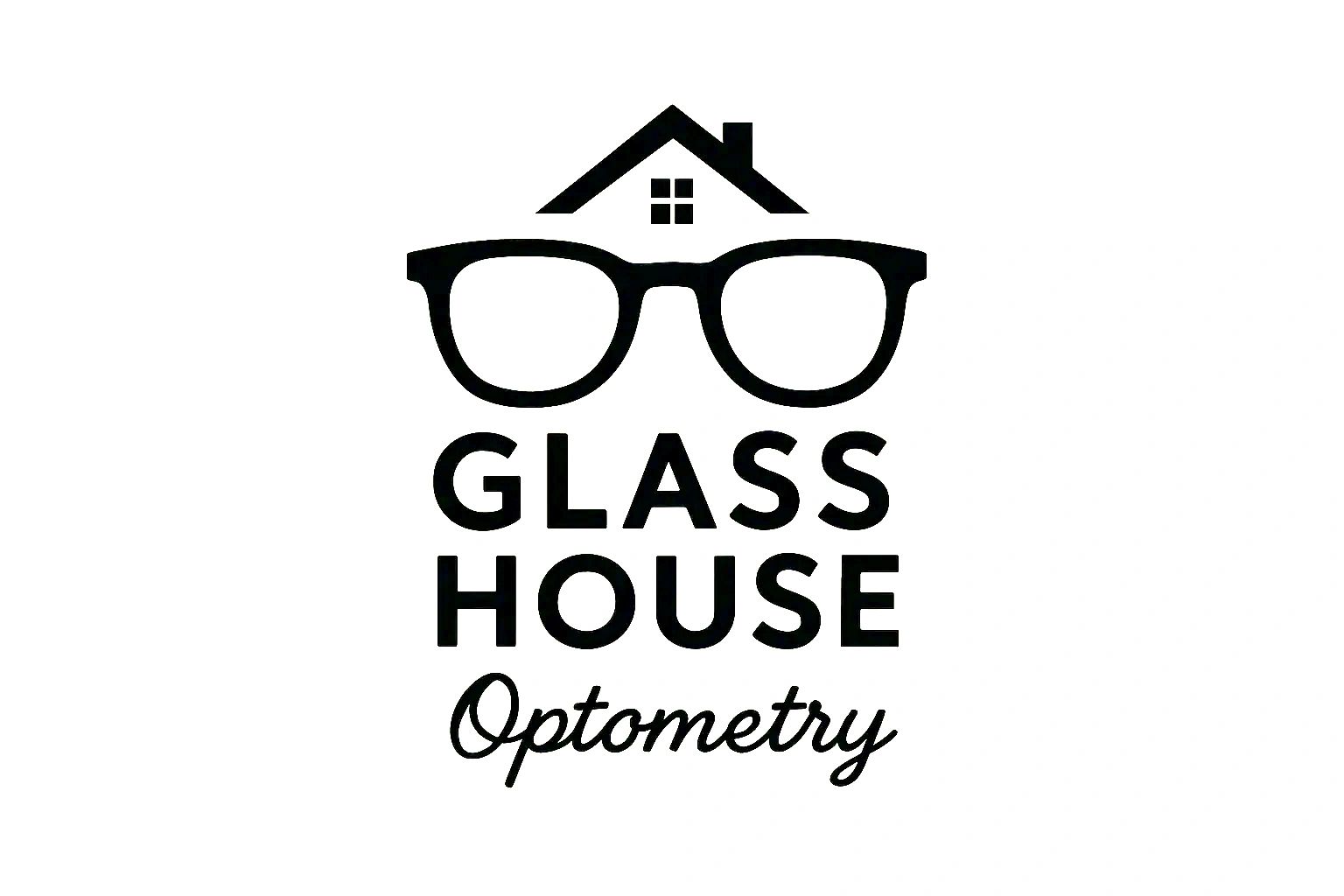 Logo for Glass House Optometry featuring glasses and a house roof.