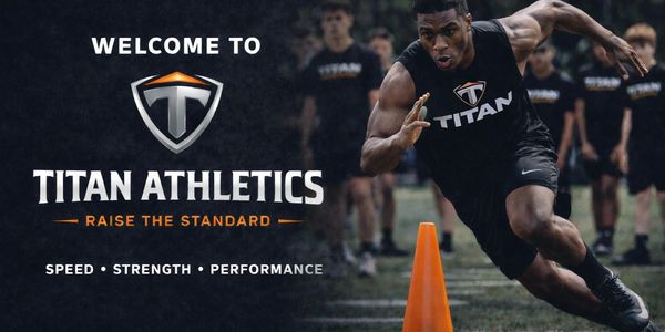Athlete sprinting past an orange cone, promoting Titan Athletics for speed, strength, and performance.