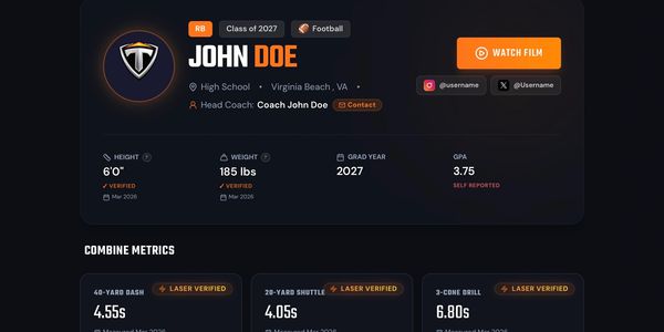 Football player profile for John Doe with verified stats and combine metrics.