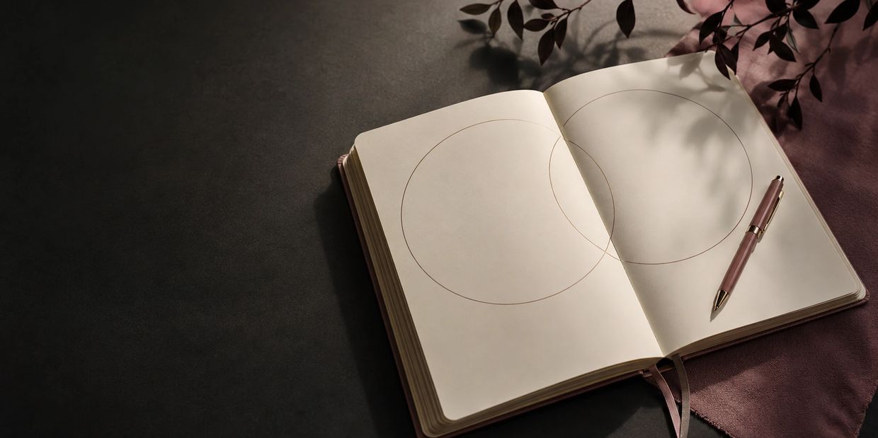 Open-faced therapy journal with two circles drawn on the pages, creating a Venn diagram with a pen p