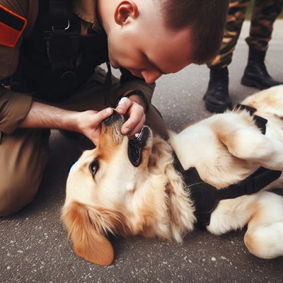 Soldier clearing a dogs mouth before resuscitation