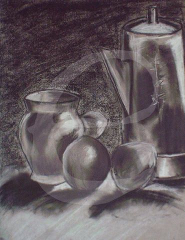 "FRUIT AND KETTLE" © 2000 ERICA PURNELL- CHARCOAL ON NEWSPRINT