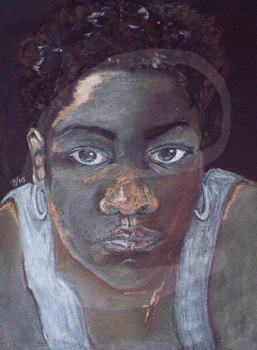 "SHORT CUT, PORTRAIT" © 2003 ERICA PURNELL- CHARCOAL ON BLACK BRISTOL