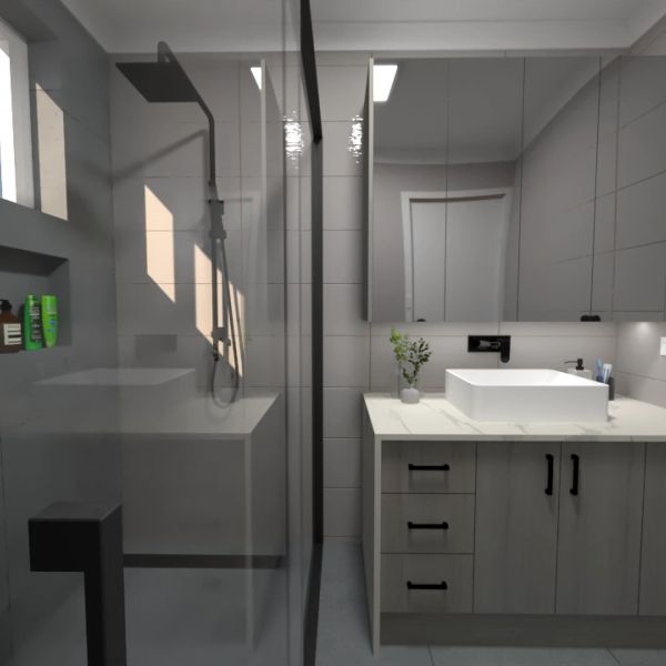Modern bathroom renovation with Caesarstone bench tops.