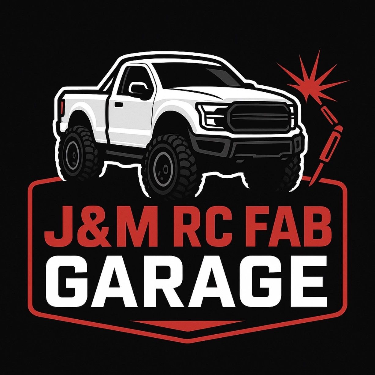 Logo of J&amp;M RC Fab Garage with a white truck and red star.