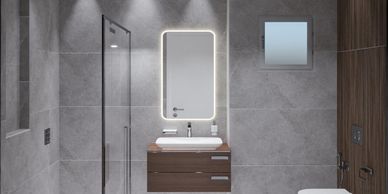 Modern bathroom with gray tiles, wooden accents, and sleek fixtures.