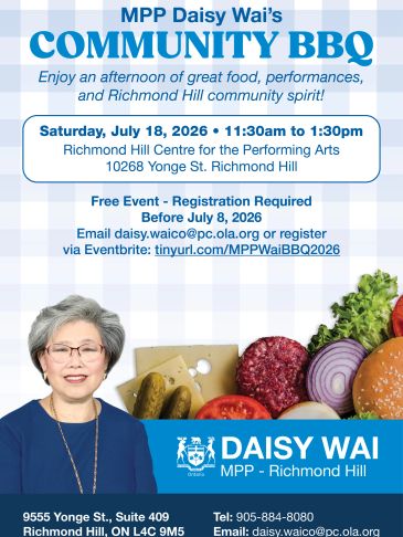 Community BBQ hosted by MPP Daisy Wai at Richmond Hill Centre on July 18, 2026.