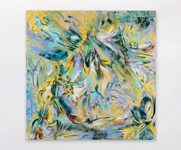 Abstract painting with swirling blues, yellows, and greens creating a vibrant, energetic composition.