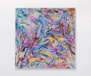 Abstract painting with vibrant purple, blue, and yellow brushstrokes on a white background.