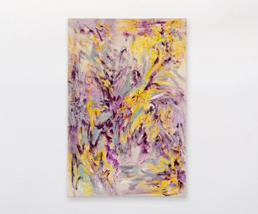 Abstract painting with vibrant purple, yellow, and blue brushstrokes on a light background.