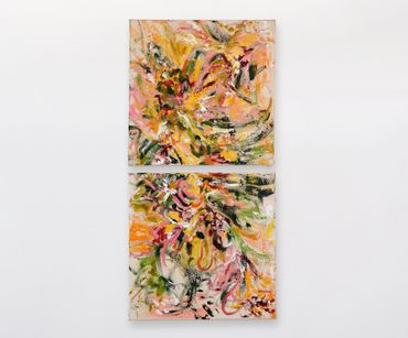 Abstract floral-themed paintings with vibrant colors on two canvases.