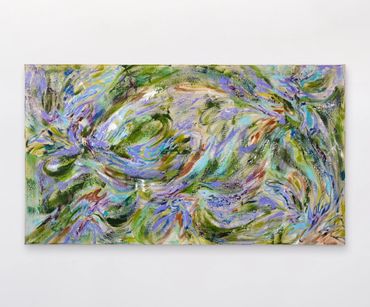Abstract painting with swirling blue, green, and purple brushstrokes.