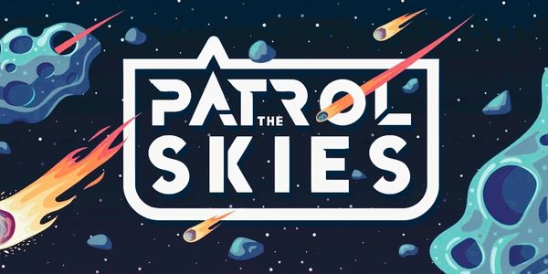 Logo Type for Patrol The Skies music, behind a cartoony meteor shower
