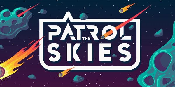 Logo Type for Patrol The Skies music, behind a cartoony meteor shower