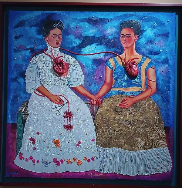 Las dos Fridas y mis demonios internos (2020). 46x46 Mixed on aluminum foil