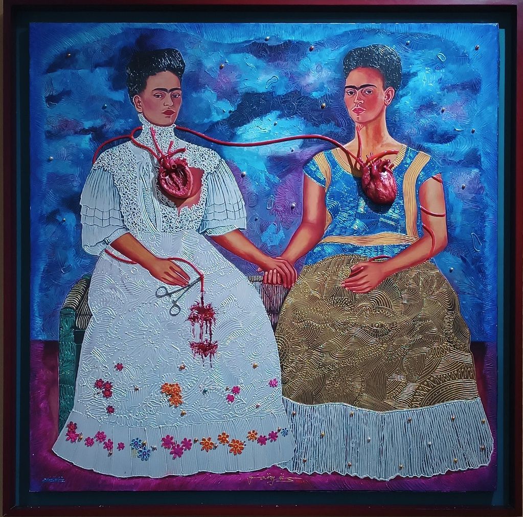 Las dos Fridas y mis demonios internos (2020). 46x46 Mixed on aluminum foil