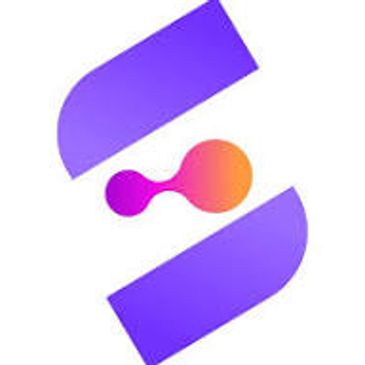 Abstract logo with purple and orange gradient shapes.