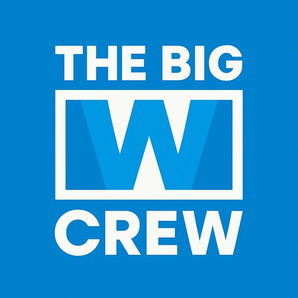 Logo with text 'The Big W Crew' on a blue background.