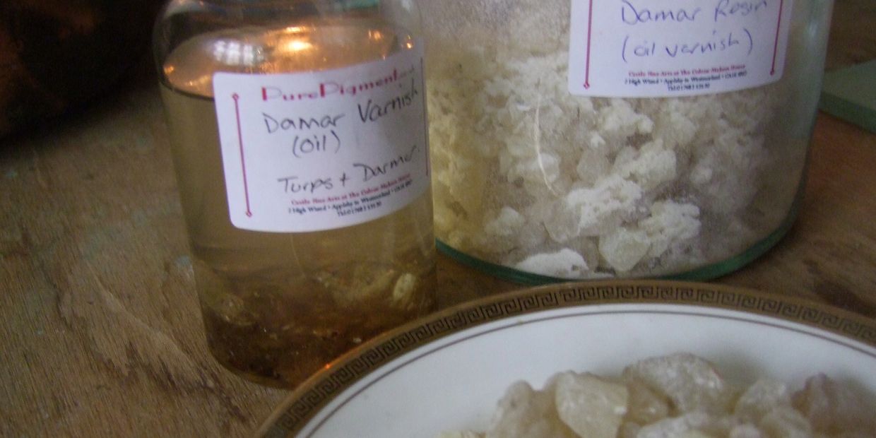 Damar Varnish showing varnish, and Damar Gum in a storage jar and on a plate