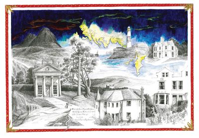 Visual biography for Dr Speed Andrews embellished with gold, red coral and Lapis Lazuli.