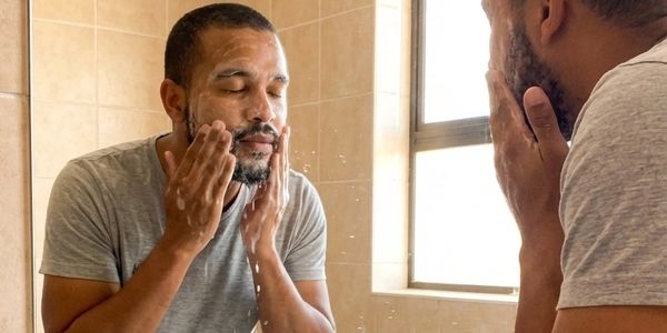 A man in a bathroom cleansing his face