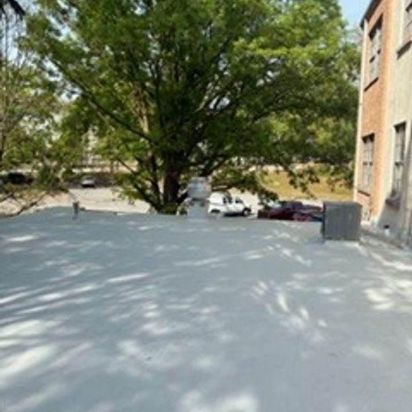 Flat roof with HVAC units and trees in background.