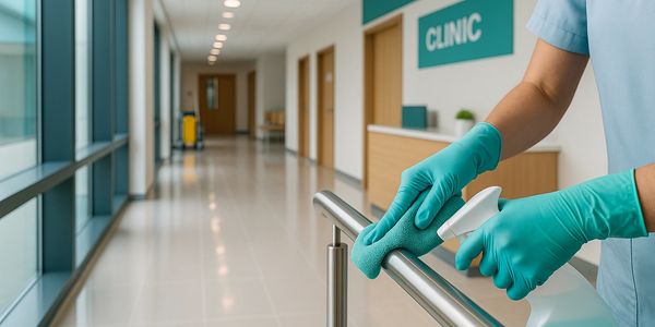 Cleaning and disinfecting a handrail in a clinic corridor.