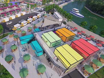 A vibrant market area with colorful container shops, outdoor seating, and a river with a boat nearby.