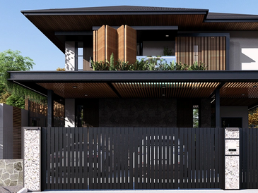 Modern two-story house with black gate and wooden accents.